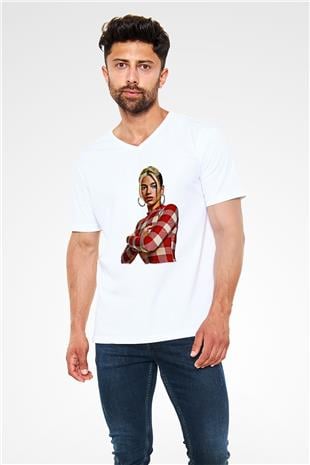 Dua Lipa Baskılı Beyaz Unisex V Yaka Tişört - Tshirt