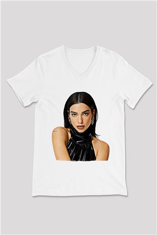 Dua Lipa Baskılı Beyaz Unisex V Yaka Tişört - Tshirt