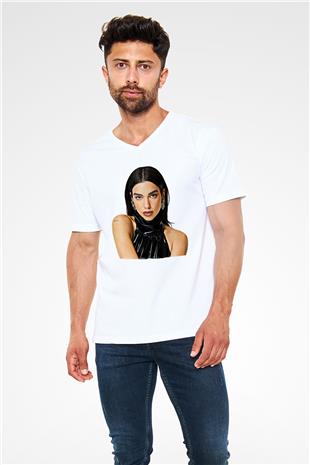 Dua Lipa Baskılı Beyaz Unisex V Yaka Tişört - Tshirt