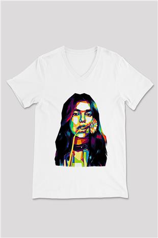Dua Lipa Baskılı Beyaz Unisex V Yaka Tişört - Tshirt