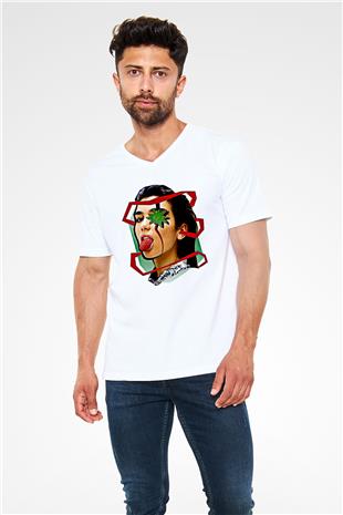 Dua Lipa Baskılı Beyaz Unisex V Yaka Tişört - Tshirt