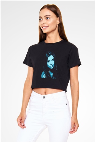 Dua Lipa Baskılı Siyah Crop Top Kadın Tişört - Tshirt