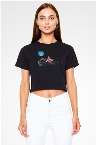 Dua Lipa Baskılı Siyah Crop Top Kadın Tişört - Tshirt