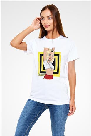 Dua Lipa Baskılı Unisex Beyaz Tişört - Tshirt