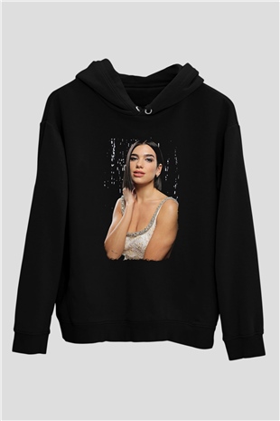 Dua Lipa Baskılı Unisex Siyah Hoodie