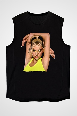 Dua Lipa Baskılı Unisex Siyah Kolsuz Tişört - Tshirt