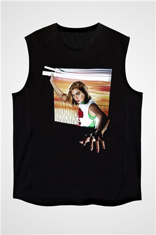 Dua Lipa Baskılı Unisex Siyah Kolsuz Tişört - Tshirt