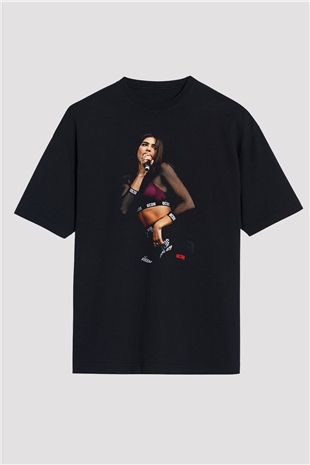 Dua Lipa Baskılı Unisex Siyah Oversize Tişört - Tshirt