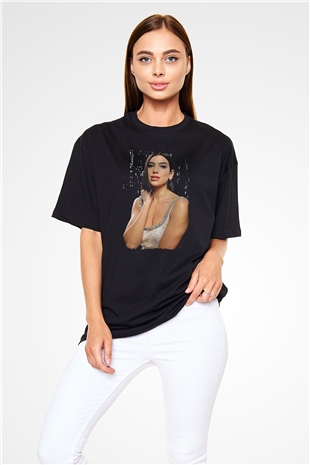 Dua Lipa Baskılı Unisex Siyah Oversize Tişört - Tshirt