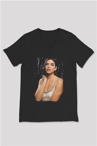 Dua Lipa Baskılı Unisex Siyah V Yaka Tişört - Tshirt