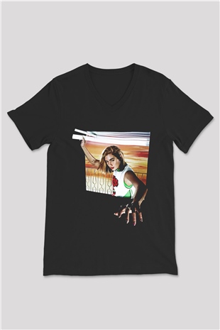 Dua Lipa Baskılı Unisex Siyah V Yaka Tişört - Tshirt