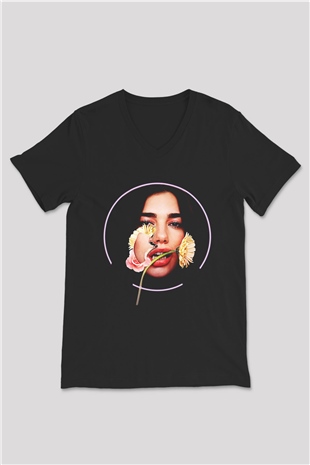 Dua Lipa Baskılı Unisex Siyah V Yaka Tişört - Tshirt