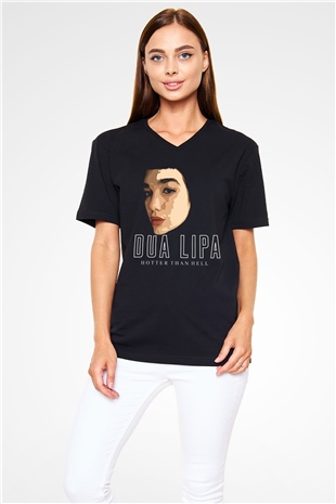 Dua Lipa Baskılı Unisex Siyah V Yaka Tişört - Tshirt