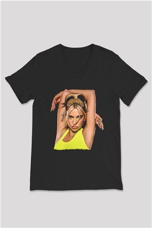 Dua Lipa Baskılı Unisex Siyah V Yaka Tişört - Tshirt