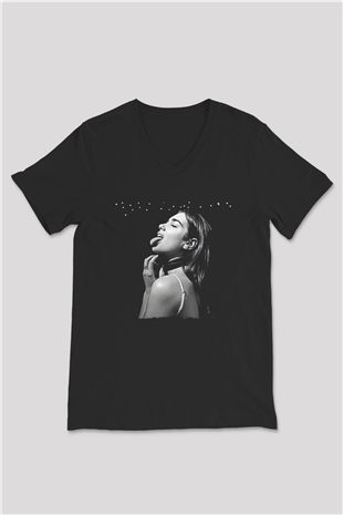 Dua Lipa Baskılı Unisex Siyah V Yaka Tişört - Tshirt