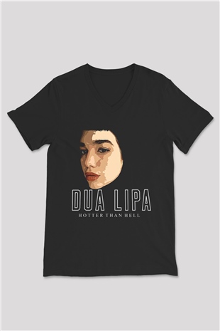 Dua Lipa Baskılı Unisex Siyah V Yaka Tişört - Tshirt