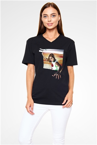 Dua Lipa Baskılı Unisex Siyah V Yaka Tişört - Tshirt