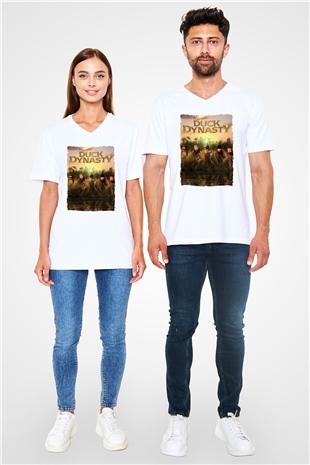 Duck Dynasty Beyaz Unisex V Yaka Tişört