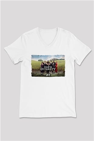 Duck Dynasty Beyaz Unisex V Yaka Tişört
