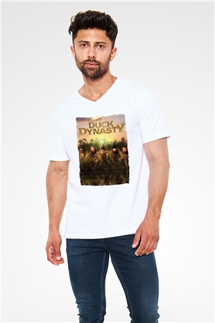 Duck Dynasty Beyaz Unisex V Yaka Tişört