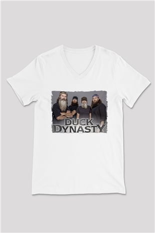 Duck Dynasty Beyaz Unisex V Yaka Tişört