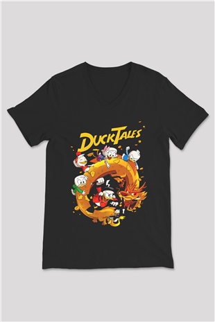 DuckTales Siyah Unisex  V Yaka Tişört