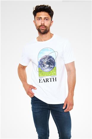 Dünya Baskılı Unisex Beyaz Tişört - Tshirt