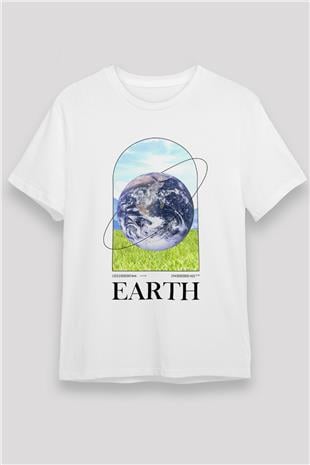 Dünya Baskılı Unisex Beyaz Tişört - Tshirt