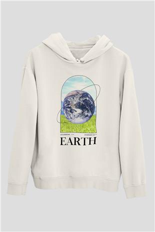 Dünya Baskılı Unisex Ekru Hoodie