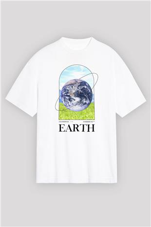 Dünya Baskılı Unisex Oversize Beyaz Tişört - Tshirt