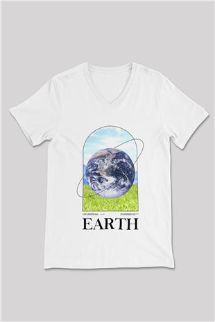 Dünya Baskılı Unisex V Yaka Beyaz Tişört - Tshirt