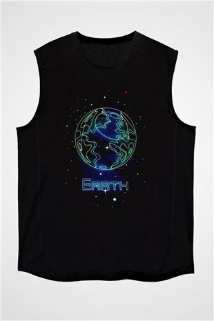 Dünya Çizim Baskılı Unisex Kolsuz Siyah Tişört - Tshirt