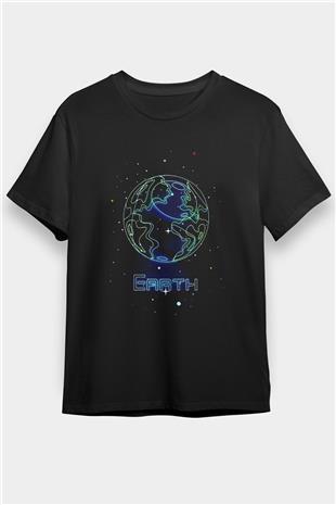 Dünya Çizim Baskılı Unisex Siyah Tişört - Tshirt