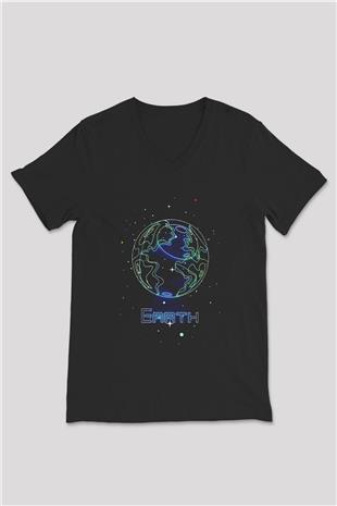 Dünya Çizim Baskılı Unisex V Yaka Siyah Tİşört - Tshirt