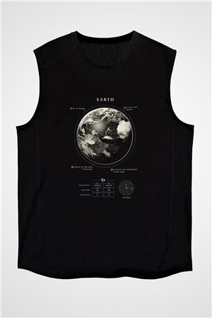 Dünya Fiziksel Özellikleri Baskılı Unisex Kolsuz Siyah Tişört - Tshirt