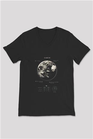 Dünya Fiziksel Özellikleri Baskılı Unisex V Yaka Siyah Tİşört - Tshirt
