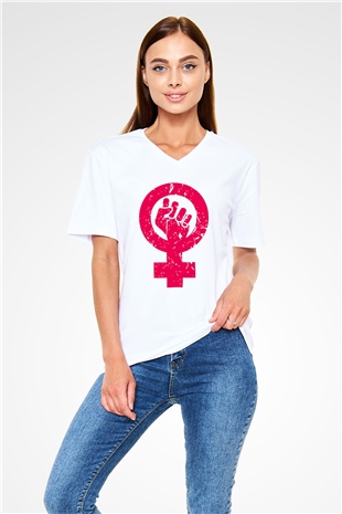 Dünya Kadınlar Günü Beyaz Unisex V Yaka Tişört T-Shirt