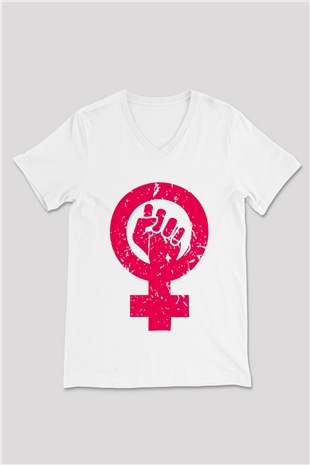 Dünya Kadınlar Günü Beyaz Unisex V Yaka Tişört T-Shirt