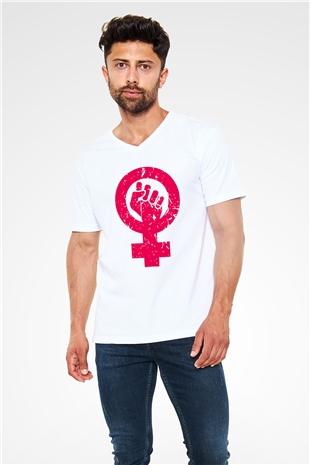 Dünya Kadınlar Günü Beyaz Unisex V Yaka Tişört T-Shirt