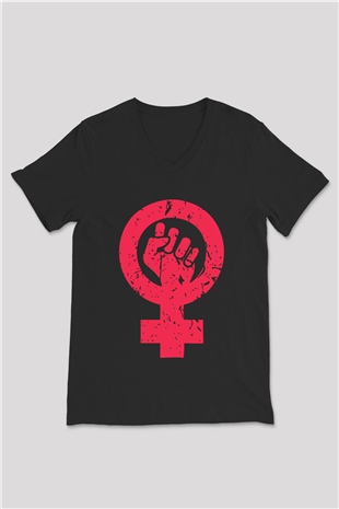 Dünya Kadınlar Günü Siyah Unisex V Yaka Tişört T-Shirt