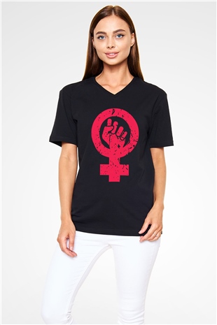 Dünya Kadınlar Günü Siyah Unisex V Yaka Tişört T-Shirt
