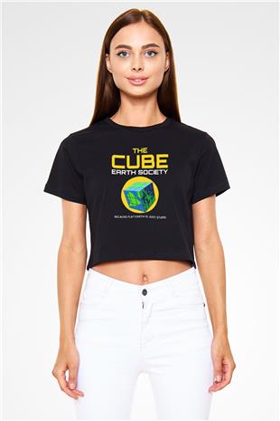 Dünya Küp Baskılı Crop Top Kadın Tİşört - Tshirt