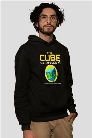 Dünya Küp Baskılı Unisex Siyah Hoodie