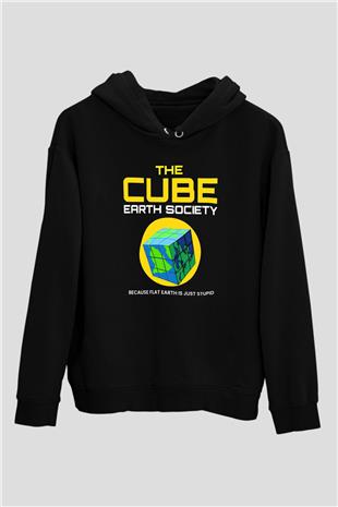 Dünya Küp Baskılı Unisex Siyah Hoodie