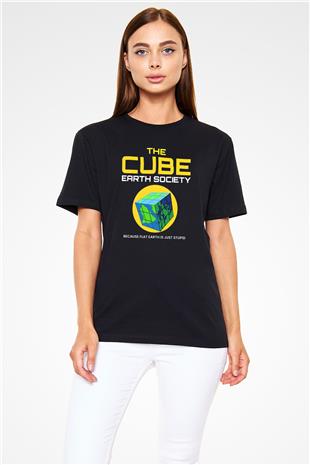 Dünya Küp Baskılı Unisex Siyah Tişört - Tshirt