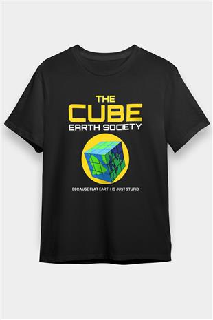 Dünya Küp Baskılı Unisex Siyah Tişört - Tshirt