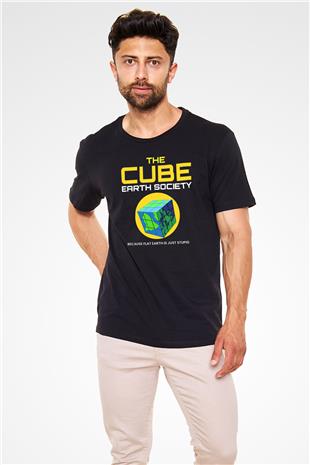 Dünya Küp Baskılı Unisex Siyah Tişört - Tshirt