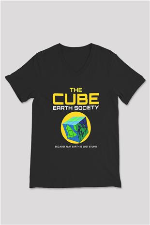 Dünya Küp Baskılı Unisex V Yaka Siyah Tİşört - Tshirt