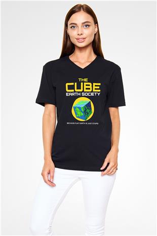 Dünya Küp Baskılı Unisex V Yaka Siyah Tİşört - Tshirt