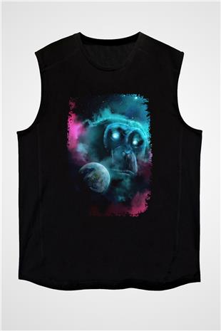 Dünya Maymun Baskılı Unisex Kolsuz Siyah Tişört - Tshirt